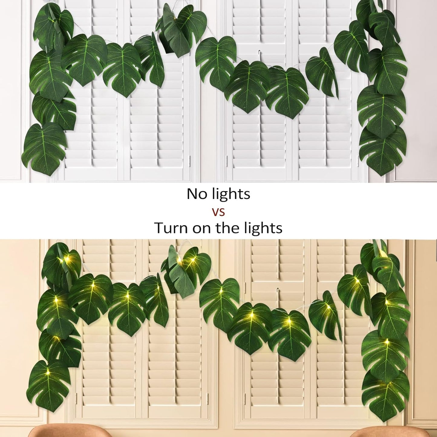 RECUTMS 2 Pack Artificial Tropical Palm Leaves String Lights, Large Size 20 LED Monstera Green Leaf Hanging Vine Greenery,Indoor Hawaiian Luau Jungle Beach Safari Baby Shower Party Spring Summer Decor