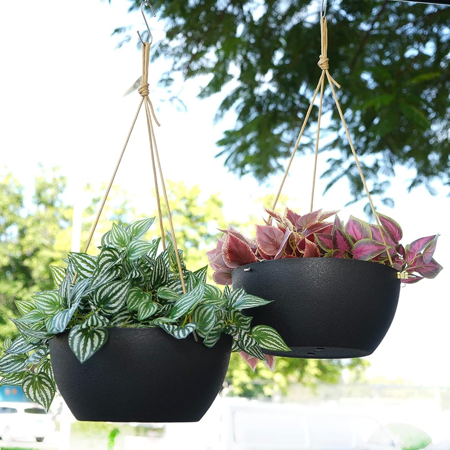 13 Inch 2 Pack Large Hanging Planters for Indoor Outdoor Plants, Plastic Hanging Basket Pots for House Plants Flowers, Black