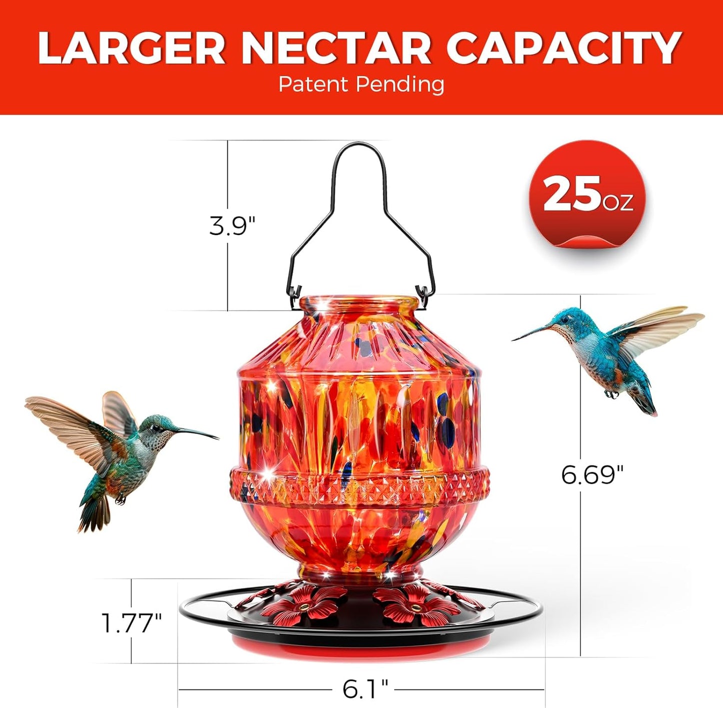 Blown Glass Hummingbird Feeders for Outdoors, 25 Ounces Wild Bird Nectar Feeder with Perch & 5 Flower Feeding Ports Leak Proof Hanging for Garden Backyard Decor, Gifts for Women Mom, Sunrise Red