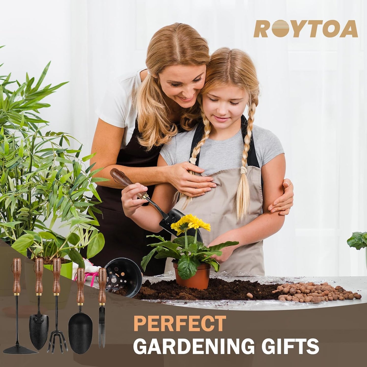 Garden Tool Set, 5PCS Gardening Tools, Stainless Steel Heavy Duty Hand Cultivator, Hoes, Shovel, Trowel and Weeder with Ergonomic Walnut Handle, Gardening Gifts for Women