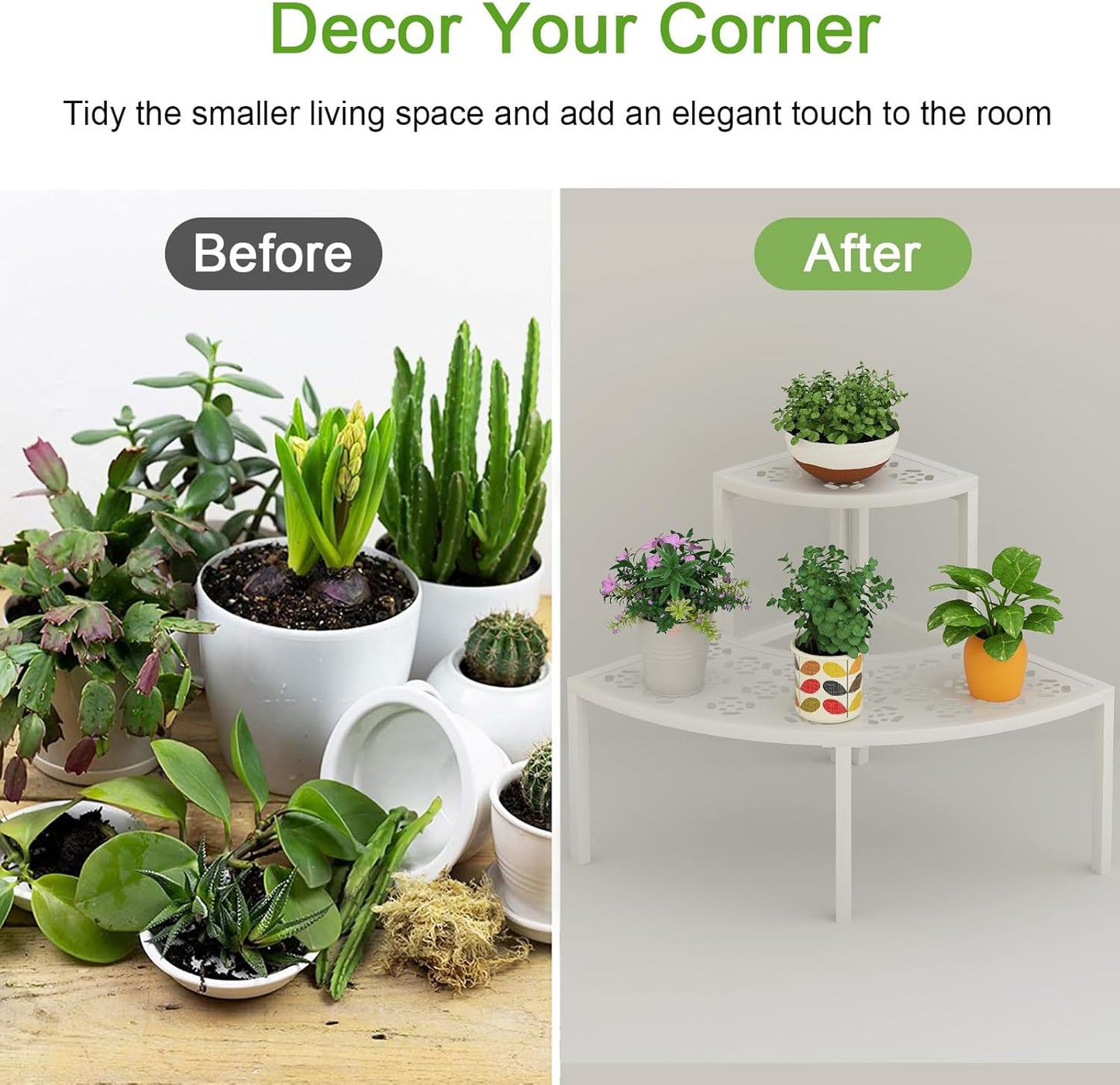 aboxoo 2 Tier Plant Stand Flower Pot Rack for Patio,Heavy Duty Metal Stair-Step Style Corner Shelf Planters, Quarter Round Display Holder for Indoor Outdoor Use(White, Semicircle)