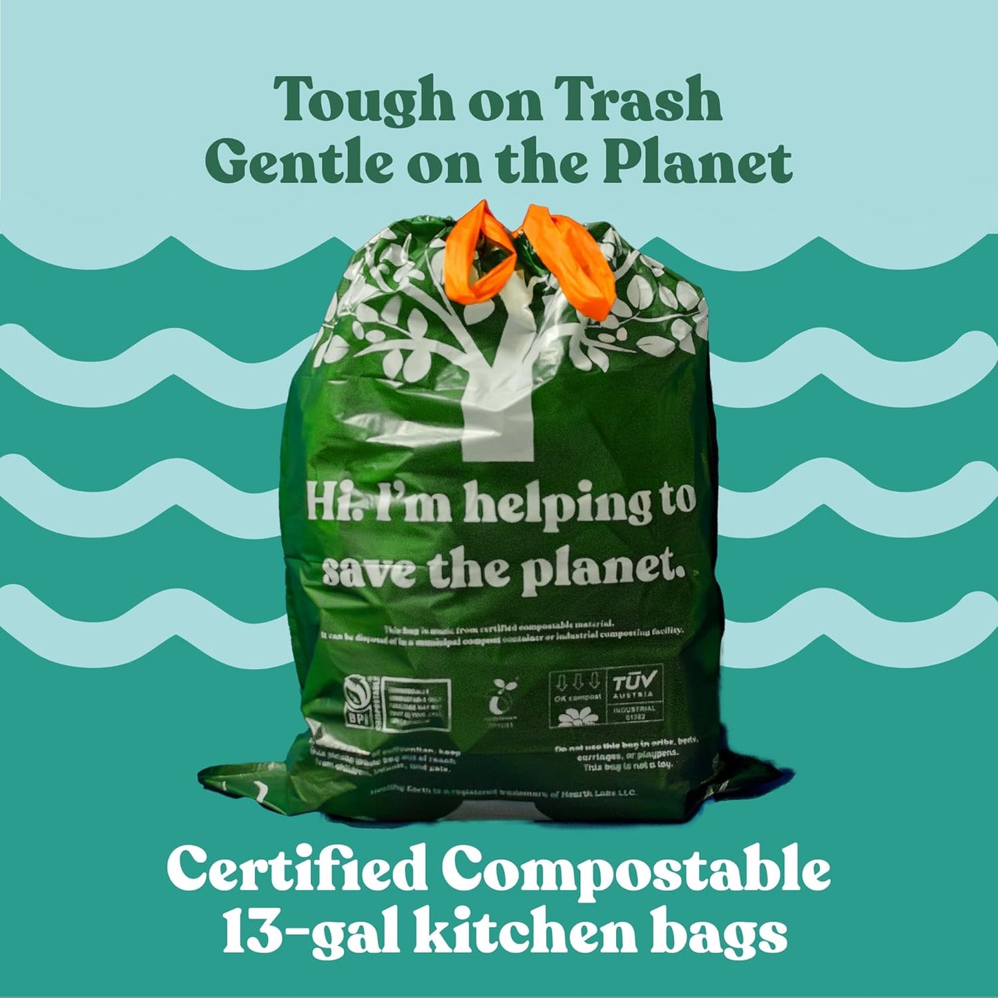 Healthy Earth 13 Gallon Compostable Trash Bags – Tall Kitchen Garbage Bags with Drawstring Handles, Extra Thick Plant-Based Liners, BPI & TÜV Certified ASTM D6400, Heavy Duty Leak-Proof (30 Count)