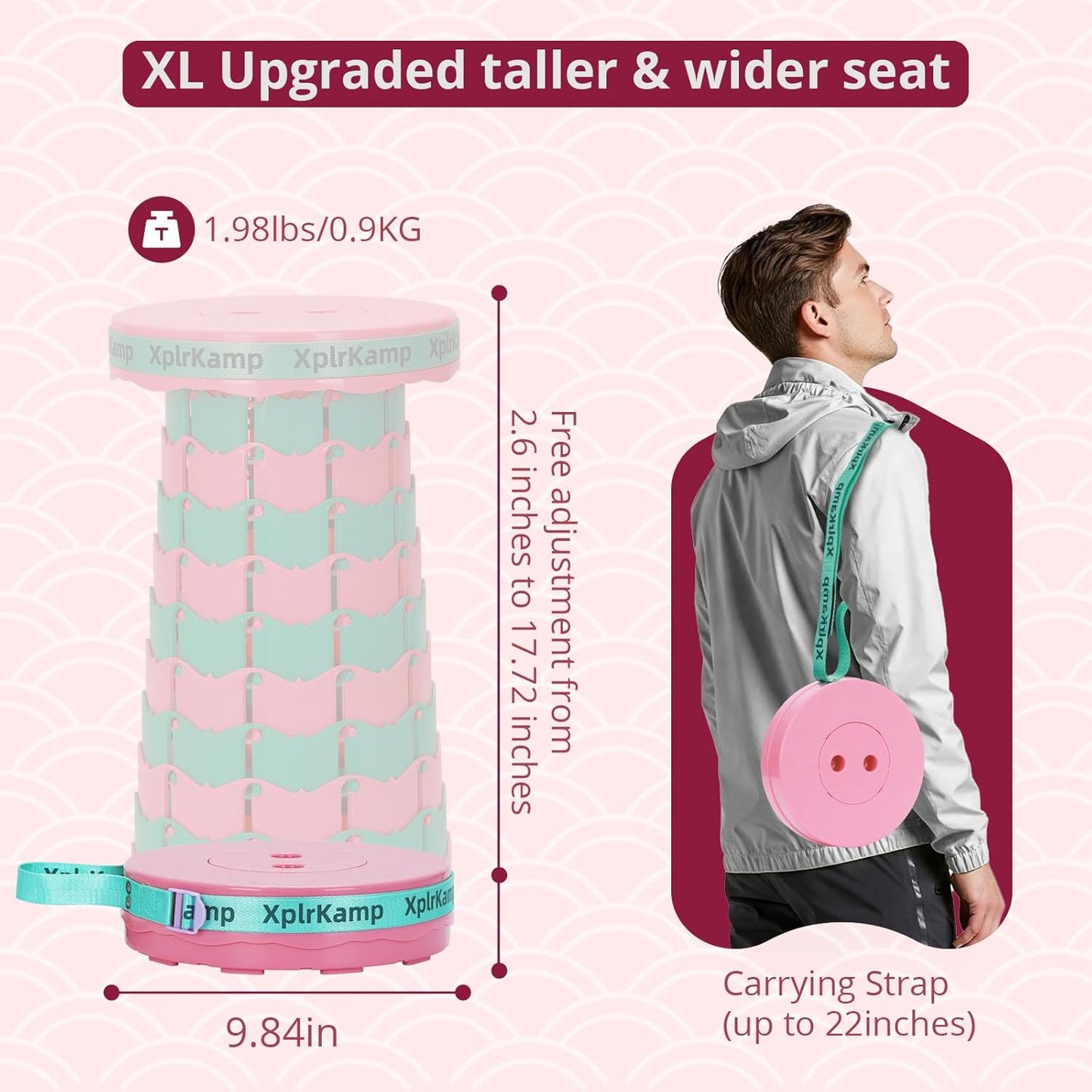 Retractable Folding Stool - Heavy Duty 400 lb Collapsible Portable Stool for Camping, Hiking, Fishing, Indoor/Outdoor with Non-Slip Base and Lightweight Design (Pink Green, 1-Pack)