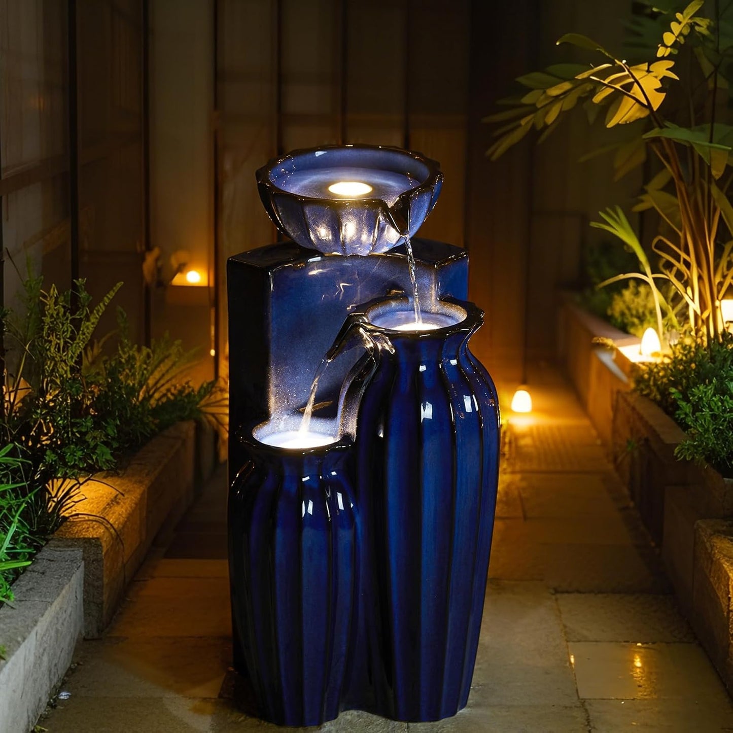 Glitzhome 26.75" H Ceramic Outdoor Water Fountain with LED Lights and Pump, Cobalt Blue Fluted Texture Cascading Waterfall Floor Standing Fountain for Porch Deck Garden Patio Backyard