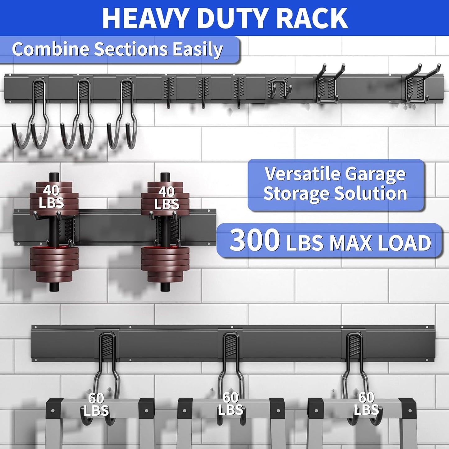 Garage Organization Tool Organizer Wall Mount, 64inch Heavy Duty Garden Tool Organizer Storage System, Easy Install with 10 Adjustable Hooks, for Garage, Basement, Shed, Workshop(Black)