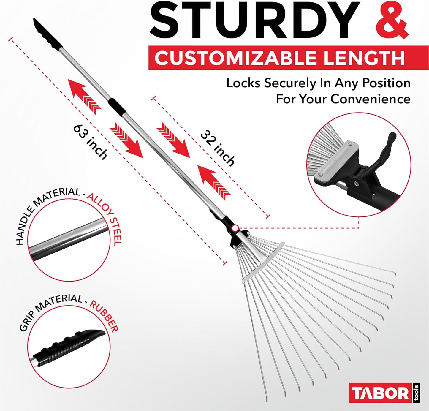 TABOR TOOLS Adjustable Metal Rake - Collapsible & Telescopic - Garden, Yard, & Lawn - Ideal for Leaves, Shrubs & Small Areas. J16A