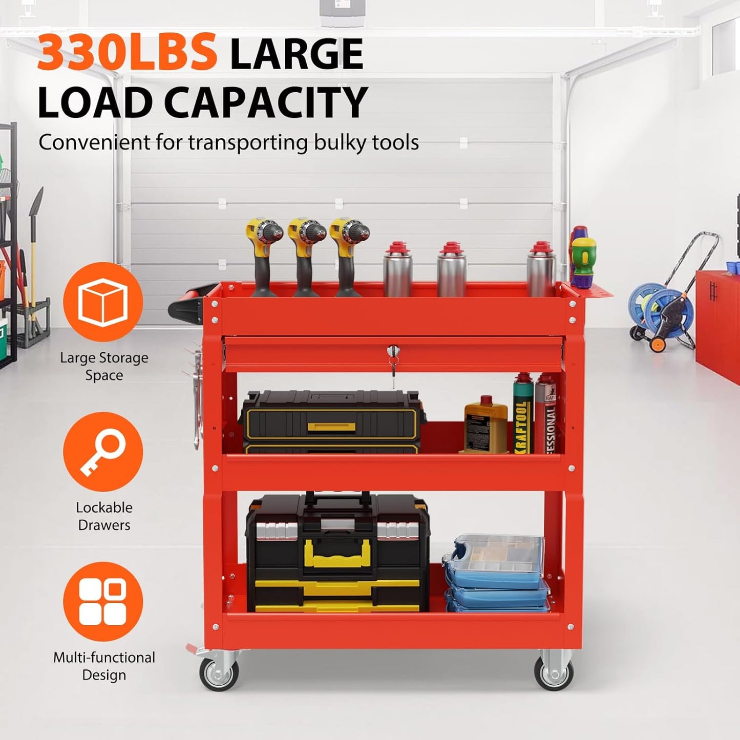 3-Tier Heavy Duty Utility Cart on Wheels, Rolling Tool Cart on Wheels with a Drawer, 350 Lbs Load Capacity Rolling Tool Storage Organizer for Garage, Warehouse and Repair Shop(Red)
