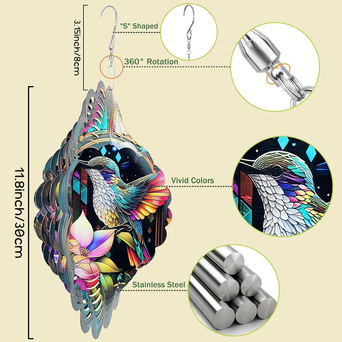 Wind Spinners Art Hummingbird 12 inch 3D Stainless Steel Laser Cut Metal Art Geometric Pattern Wind Sculpture Hanging for Yard Garden Decorations Outdoor