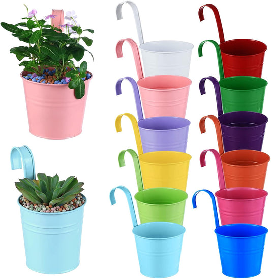 12 Pack Balcony Planters Railing Hanging, Colorful Railing Planter 5.2 Inches Plant Pots with Drainage Holes Hanging Plant Holder Indoor Hanging Planters