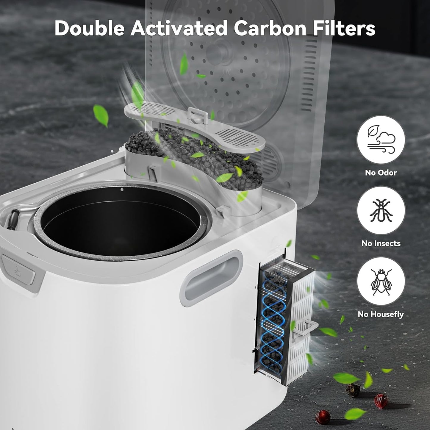 3.5L Electric Composter for Kitchen, Smart Compost Bin, Odorless Indoor Composter with 2 Detachable Carbon Filter, Turns Waste Into Dry Fertilizer, One-Touch Operation, White