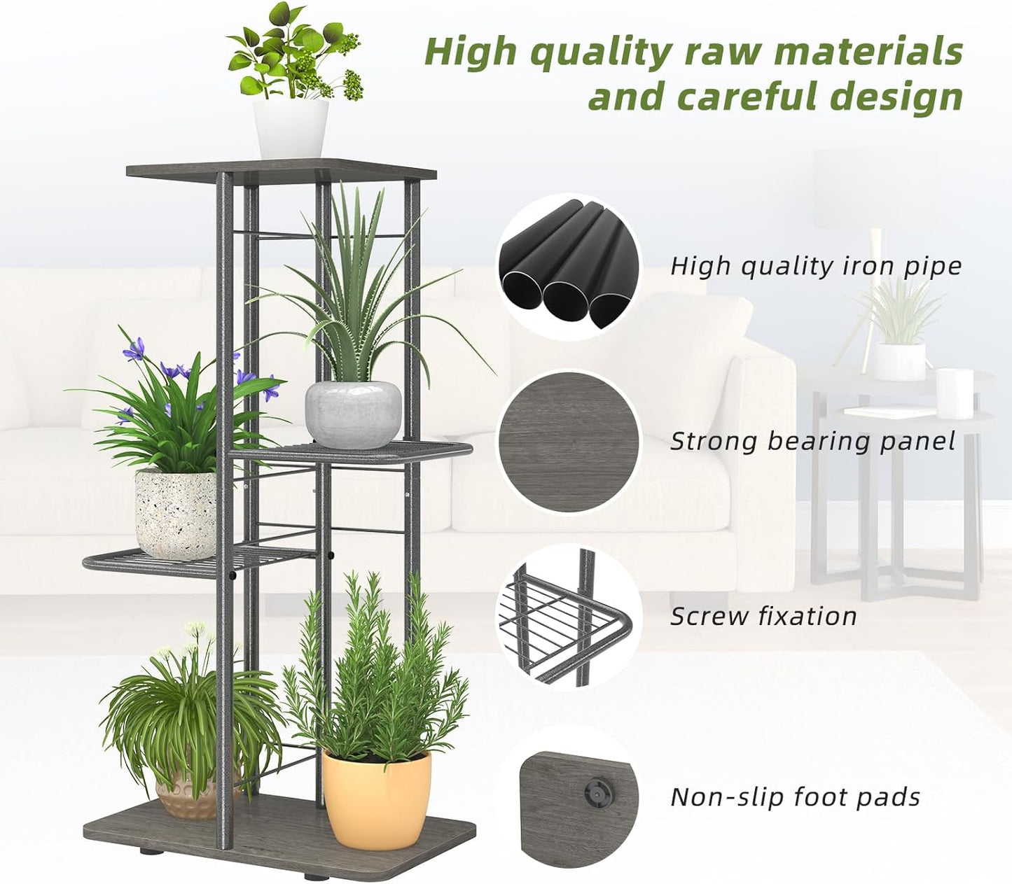 Simple Trending Plant Stand Shelf Indoor Outdoor Waterproof, 4-Tier 5 Potted Heavy Duty Metal Tall Flower Holder for Multiple Corner Display
