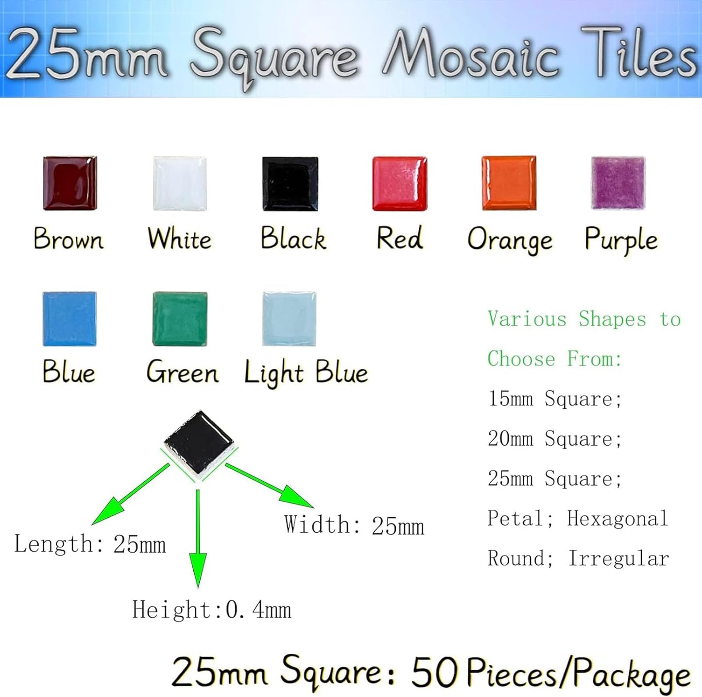 50 Pieces Blue Mosaic Tiles for Crafts 1" Ceramic Tiles Assorted Colors Square Ceramic Mosaic Project Supplies for Photo Frame Mosaic Stepping Stones Bath Old Pool Furniture Decor