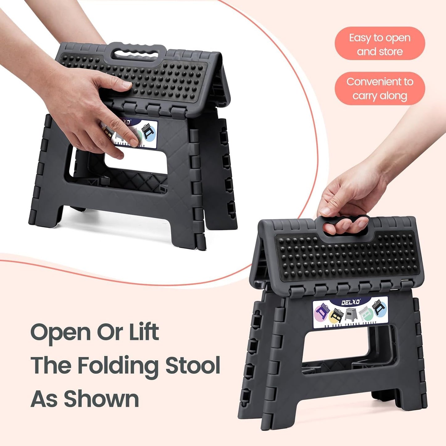 Delxo Folding Step Stool 9 Inch,Non-Slip Foldable Stools for Kids & Adults Up to 300 LBS,Kitchen Collapsible Fold Up Stepping Stool with Dotted 1 Pack,Gray