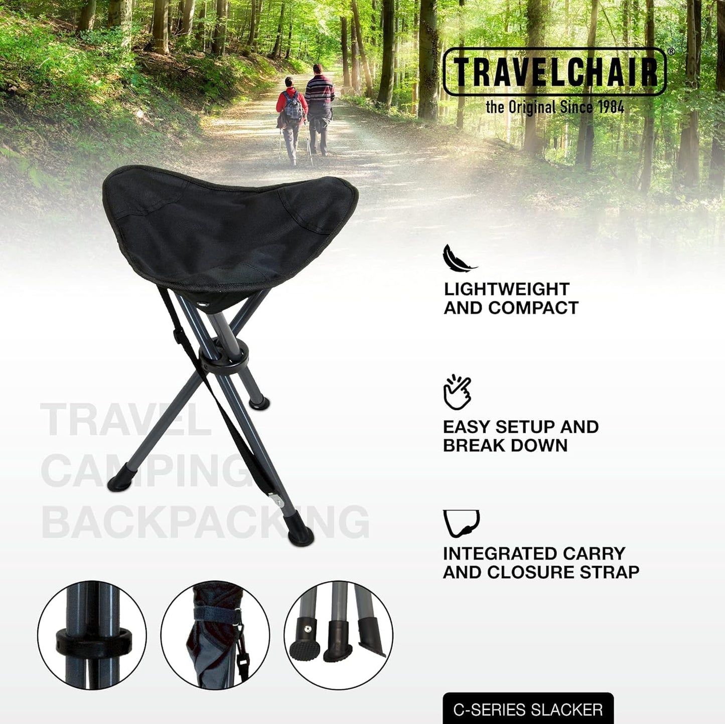 Travel Chair C-Series Slacker Tripod Chair for Camping, Lightweight Chair, Adjustable Carry Strap for Easy Transport | Outdoor Adventures Lighter Version of The Original Slacker Stool, Black - 2-Pack