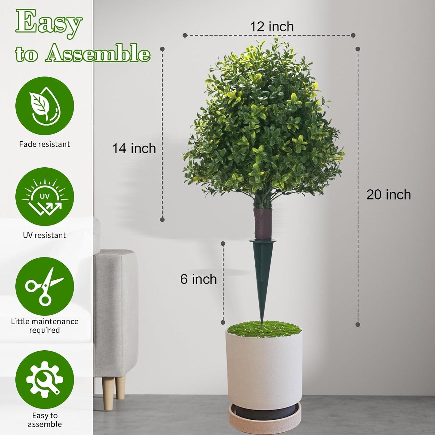 Artificial Boxwood Ball Trees with Ground Spike, 20" UV Resistant Artificial Shrubs, Fake Evergreen Artificial Plant Brush for Indoor Outdoor Front Porch Garden, 1 Pack