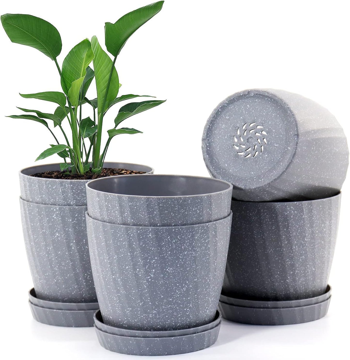 6 Inch Plant Pots Bulk, 6 Pack Plastic Planters with Drainage Holes and Saucers for Indoor Outdoor House Plants and Flowers, Grey Spots