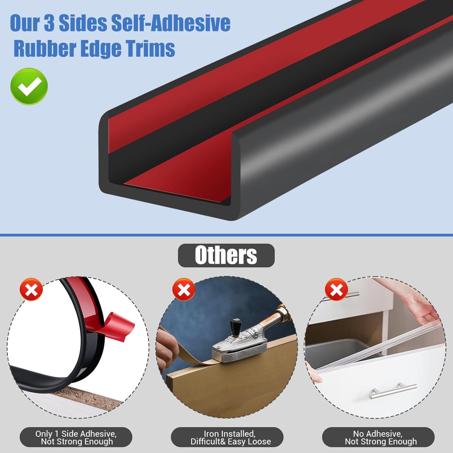 Rubber Edge Trim, Self-Adhesive U Shaped Edge Protector for Plywood, Cabinet, 1-7/8" Wood Edge Banding, Flexible Furniture Repair, EPDM Material, Fit 1-7/8"(48mm), Length 10Ft, Black