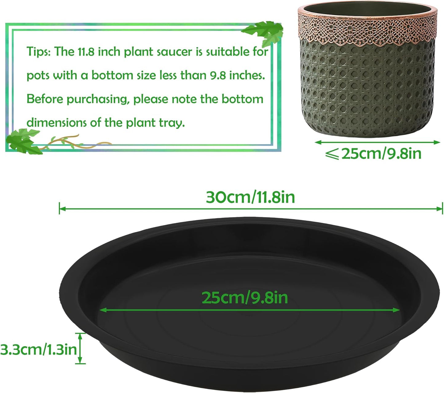12 Pack 12 Inch Round Plant Saucers for Less 9.8 Inch Pot Indoors Outdoors Plant Trays for Pots Planter Saucer Plastic Plant Drip Tray Planter Water Tray for Potted Plants (Black, 12"(12pcs))