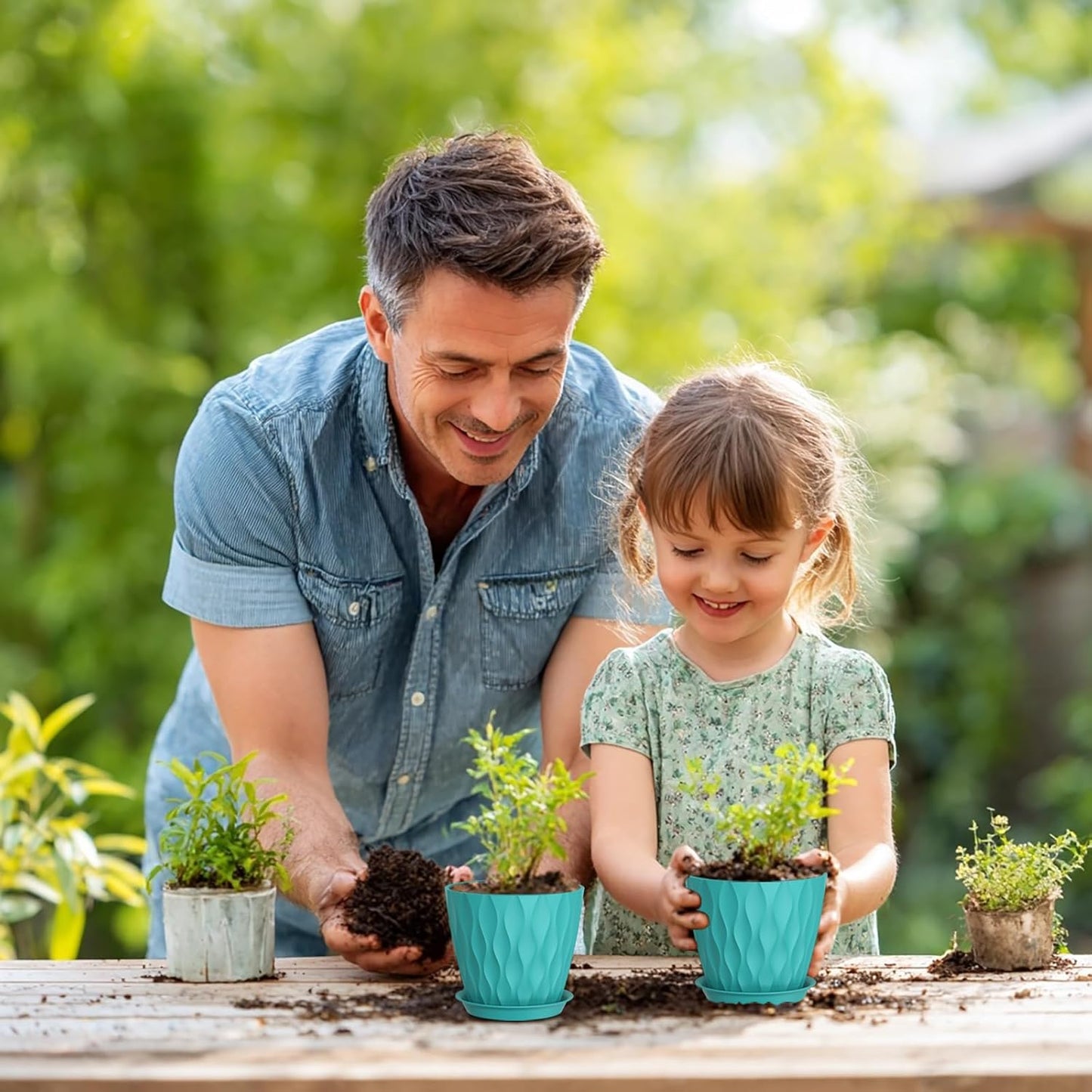 5 inch Plant Pots for Indoor Outdoor Plants, 6 Pack Flower Pots with Drainage Holes and Saucers, 3D Modern Wave Texture Small Plastic Planter Pots for Nursery and House Plants, Blue Green