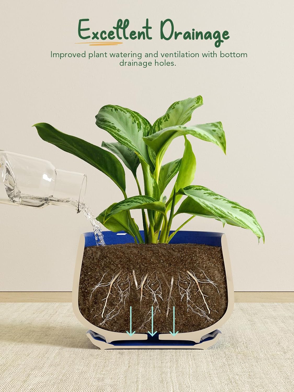 LE TAUCI Plant Pots, 4.1+5.1+6.5 inch, Set of 3, Ceramic Planters with Drainage Hole and Saucer, Indoor Flower Pot with Hole Mesh Pad, Gifts for Mom, Sapphire Blue