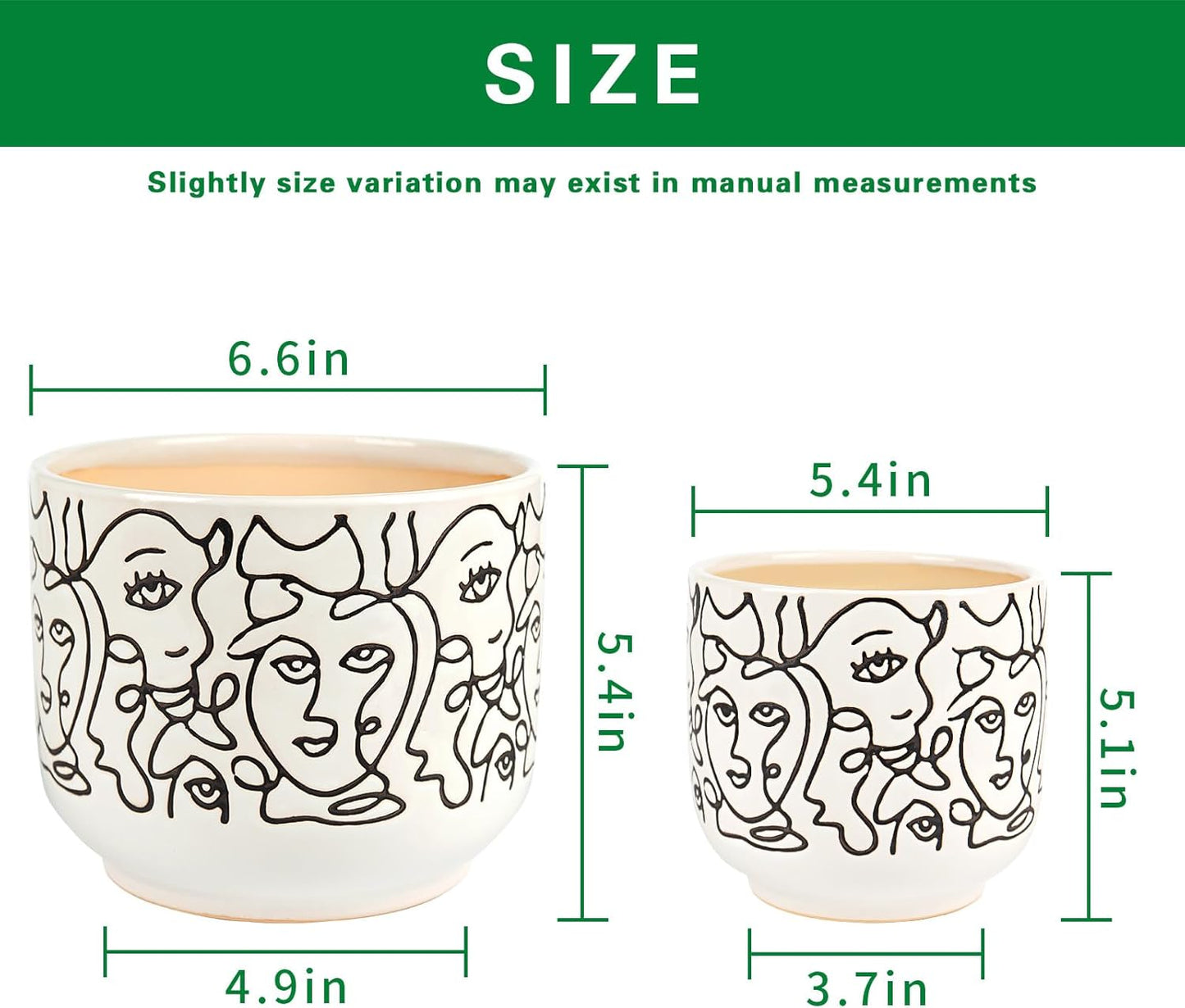 Docrin Plant Pots Indoor with Drainage : 6.6+5.4 Inch Ceramic Flower Pots for Plants - Set of 2 Modern Decorative Face Planters for House/Office/Gift - /Black and White