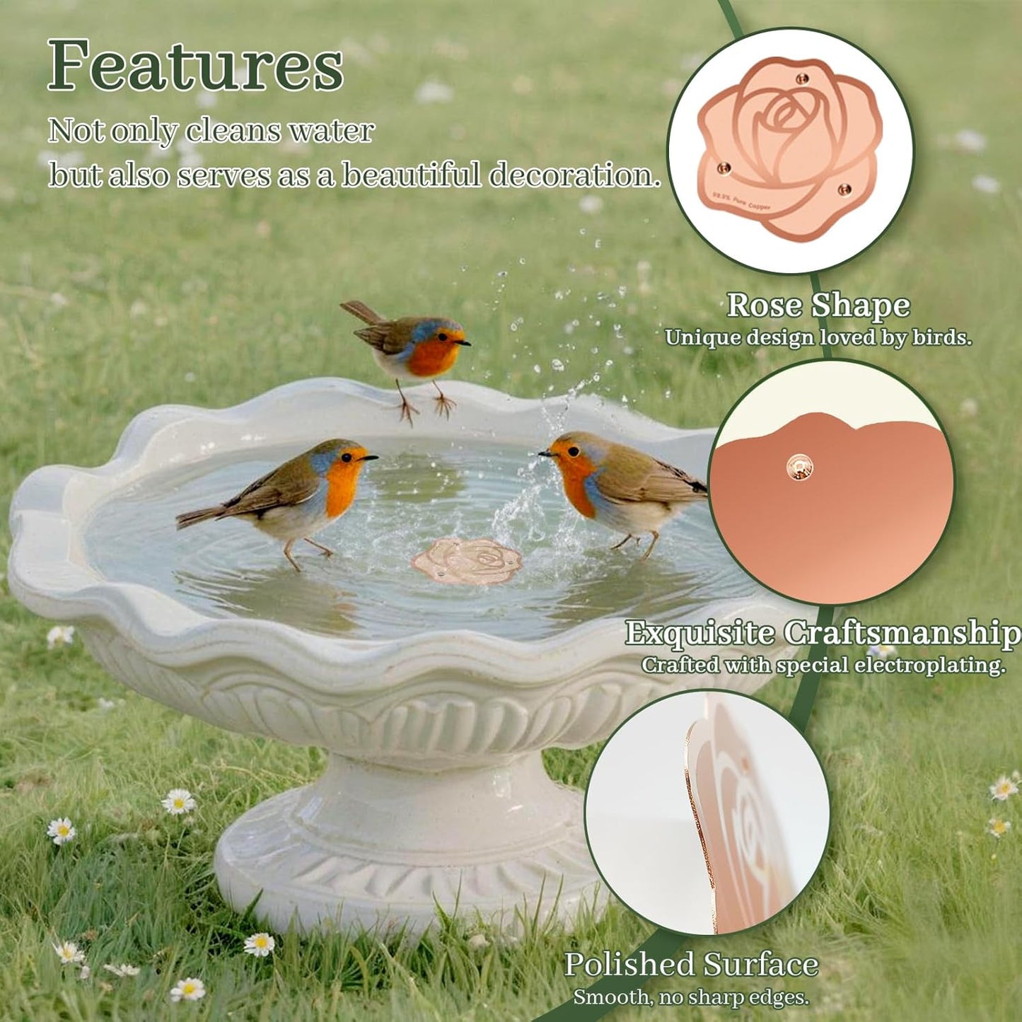 Bird Bath Copper Disk,Bird Bath Purification Disk 0.6mm Reinforced 99.99% Pure Copper Cleaning Disk with Triple-Point Support,Fits Outdoor Birdbath & Bowl,Provide Safe Clean Water,Rose-1Pc