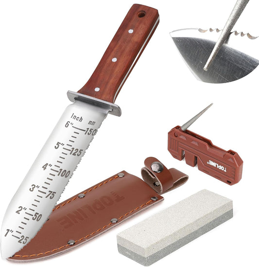 Topline Hori Hori Garden Knife, Double-edge Stainless Steel Blade, Garden Knife with Leather Sheath for Digging, Weeding, Planting, Sharpener, Sharpening Stone Included