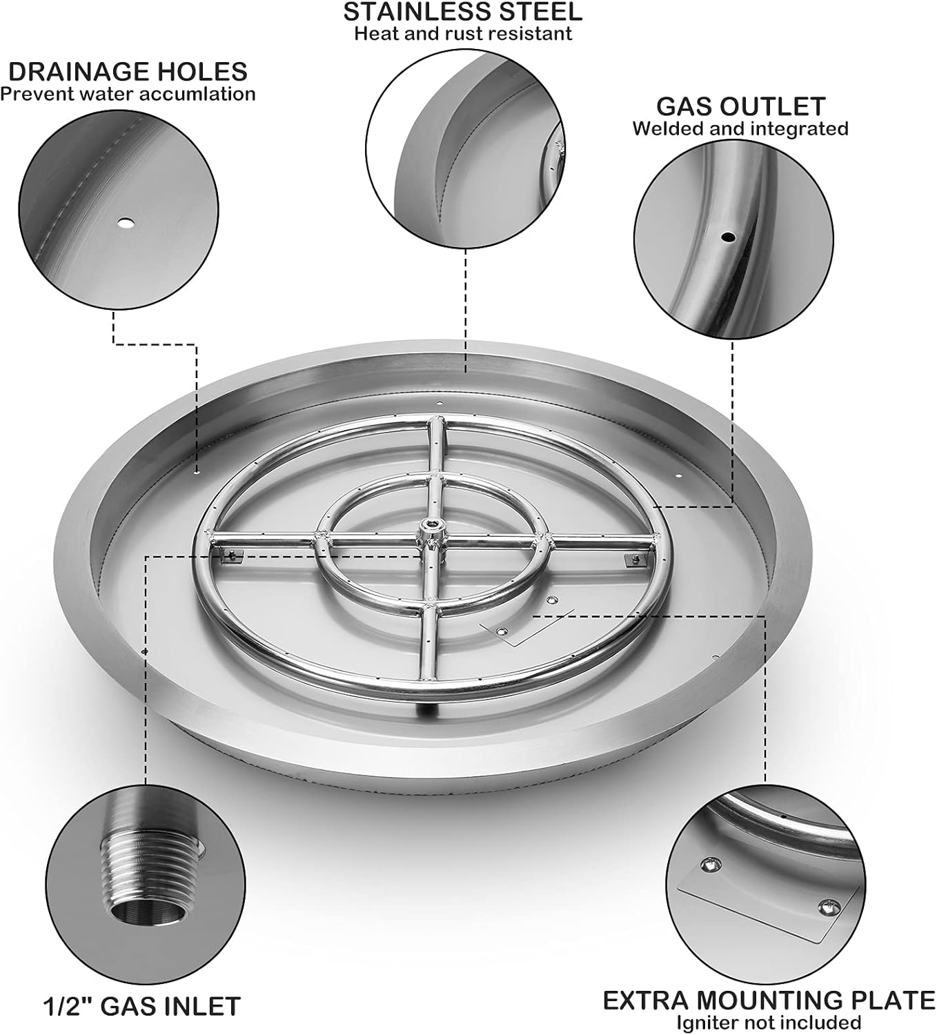 Stanbroil 31 Inch Drop-in Round Natural Gas Fire Pit Kit with Spark Ignition Kit, 304 Stainless Steel Gas Firepit Burner Insert for Outdoor Indoor- Natural Gas Version