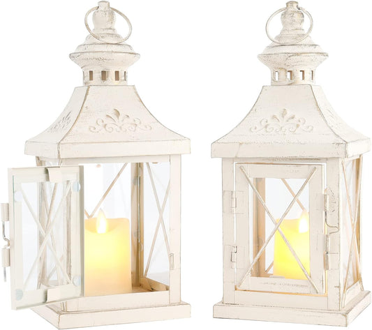 TRIROCKS Set of 2 Decorative Candle Lantern 11'' High Metal Candle Holder Hanging Lantern Perfect for Home Decor Halloween Living Room Parties Events Tabletop Indoors Outdoors (White with Gold Brush)