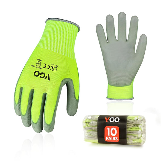 Vgo... 10-Pairs Safety Work Gloves, Gardening Gloves, Polyurethane Coated, Dipping Gloves, Latex Free (Size S, Yellow, PU2103)