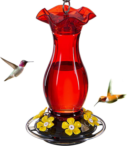 Hummingbird Feeder for Outdoors Hanging, 18 OZ Humming Birds Feeders with 6 Bee Guard Feeding Ports & Built-in Ant Moat, Easy to Clean, Durable Outdoor Garden Decor (Red 1 Pack-C)