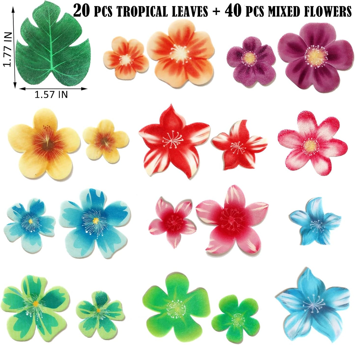 60 Pcs Edible Flowers Cake Decorations Tropical cake topper Hawaiian Birthday Party Decoration for Tropical Luau Summer Party Wedding