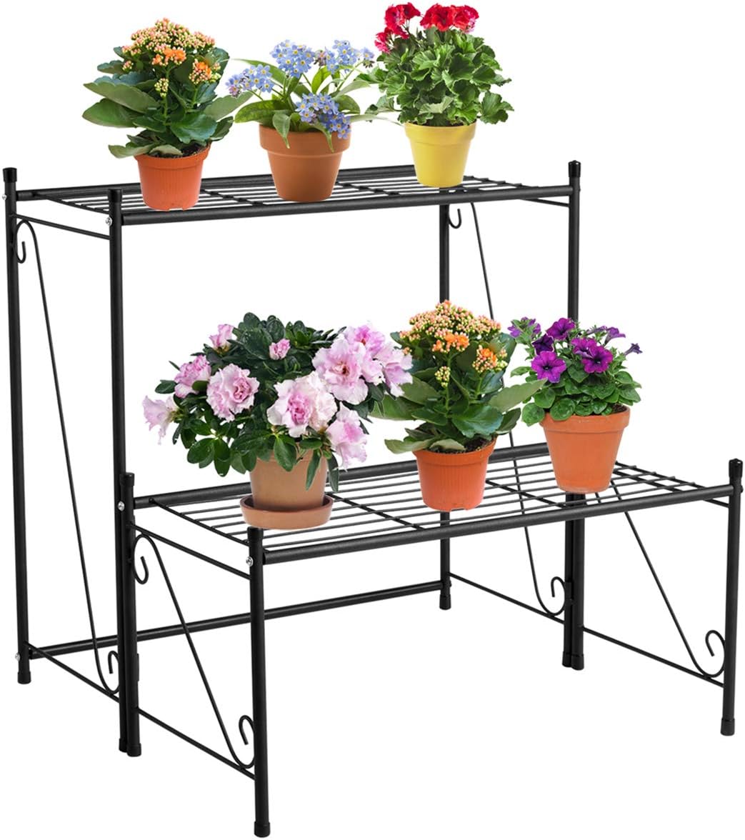 DOEWORKS 2 Tier Metal Plant Stand Storage Rack Shelf, Flower Pot Holder Display Shelf, Black