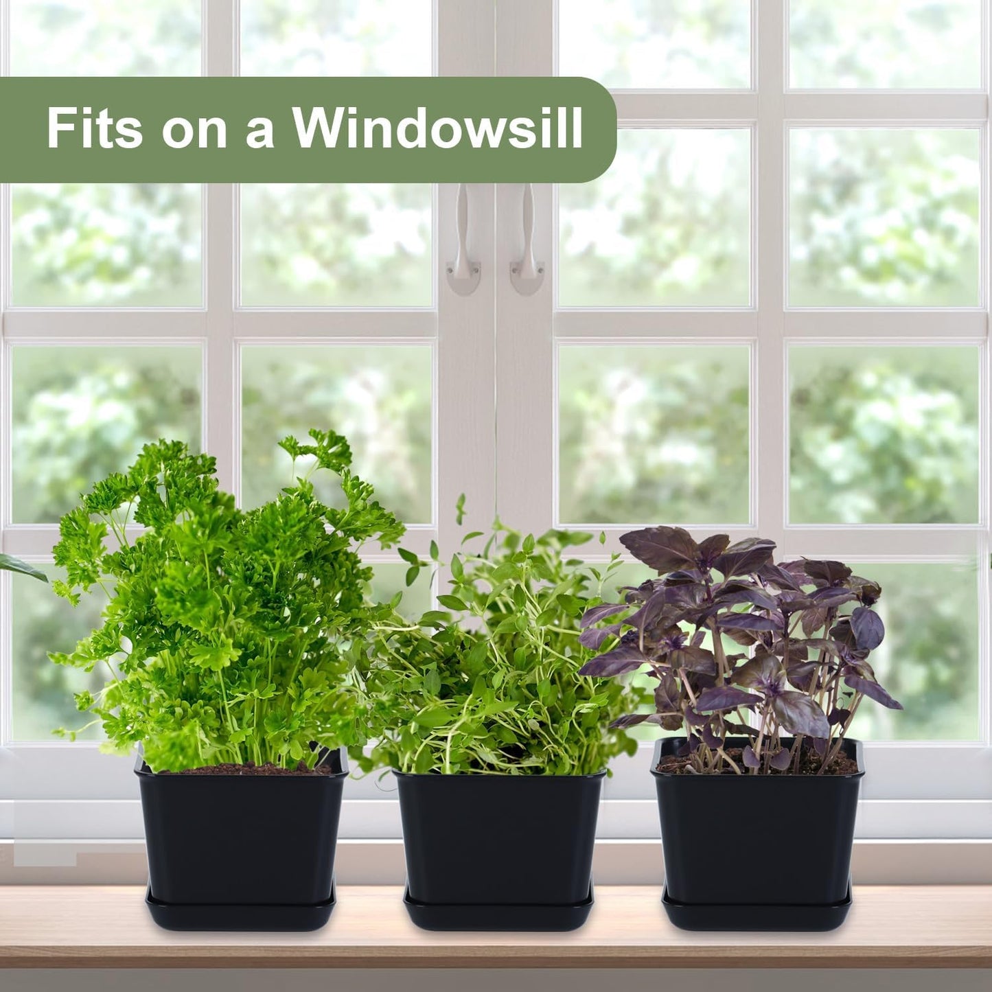 Herb Garden Planter Indoor Kit Pots for Indoor/Outdoor Plants 4 Packs Windowsill Plant Pots with Drainage and Tray, Window Pot for Indoor Plants (Black)