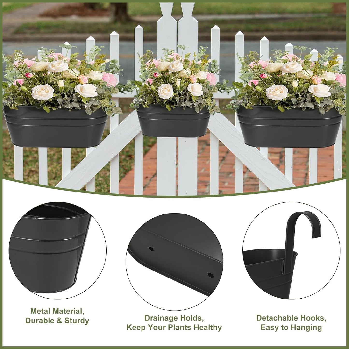 3 Different Size Metal Iron Hanging Flower Pots 10 Pcs for Outdoor Plants Metal Hanging Bucket Pots Iron Railing Fence Planter with Drainage Holes and Hooks for Porch Railing Balcony Fence (Black)