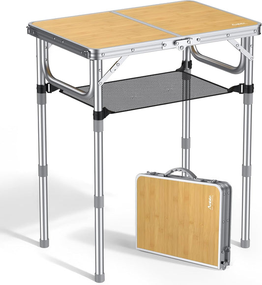 2ft Camping Table Foldable, 3 Adjustable Heights High 27.5" Aluminum Small Folding Table with Carrying Handle, Portable, for Outdoor Indoor Picnic Beach BBQ Party Travel, 24" x 16", Yellow