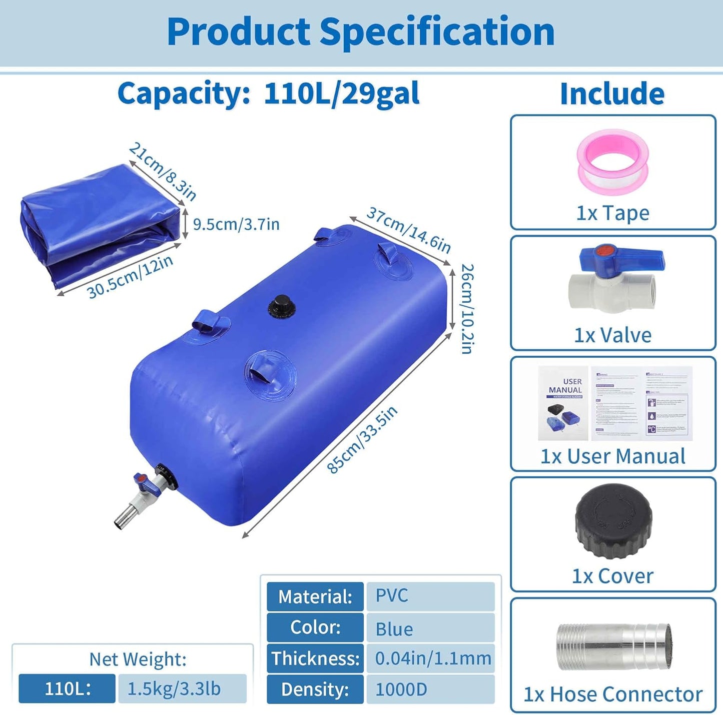 110 L/29 gal Water Bladder Storage Container Large Capacity Foldable Portable Water Tank Urgency Water Bladder Soft Water Bag RV Camping Garden Watering Field Irrigation 1000D