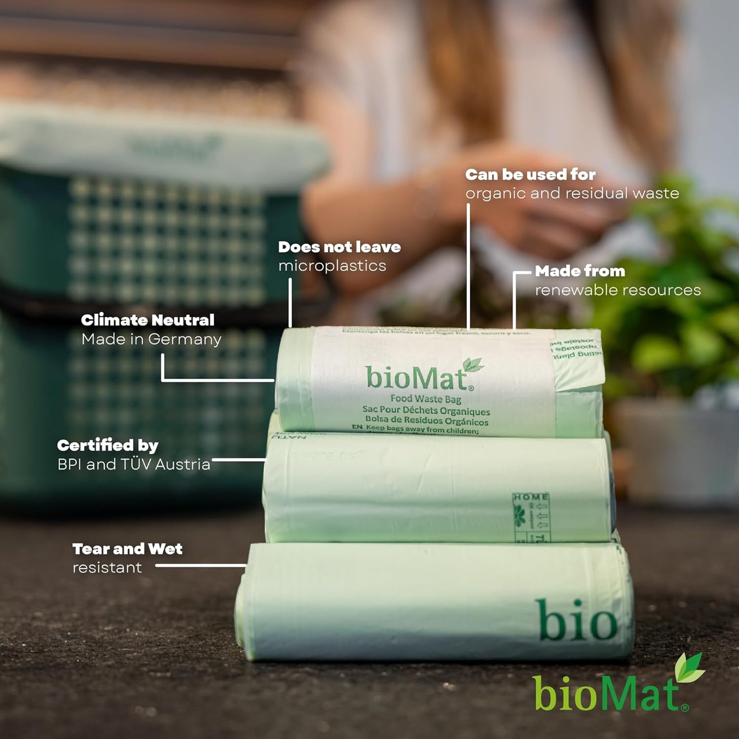 bioMat 35 Gallon Compostable Trash Bags, 10 Count, Biodegradable Trash Bags for Compost Bin, BPI ASTM D6400 and CMA Certified, Keep your Bin Clean