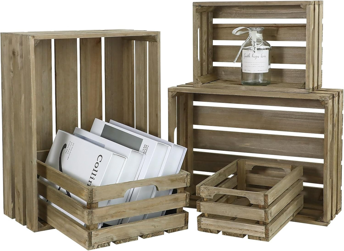 5-Piece Farmhouse Wooden Crate Set - Rustic Wooden Crates for Display and Storage, Large Grey Decorative Crates, Farmhouse Apple Crates, Painted Wood Crates for Decor