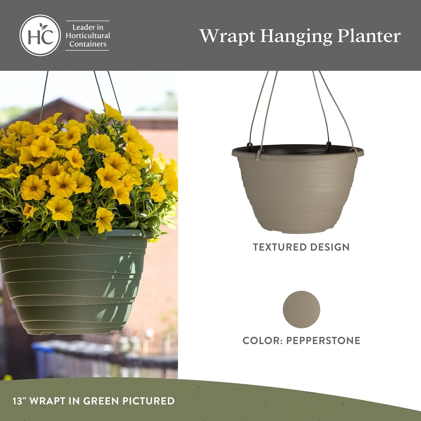 The HC Companies Wrapt Hanging Planters - Lightweight Plant Pot Hanger for Hanging Plants, Vegetables & Herbs - Outdoor & Indoor Hanging Basket for Plants (13" Pepperstone, Pack of 2)