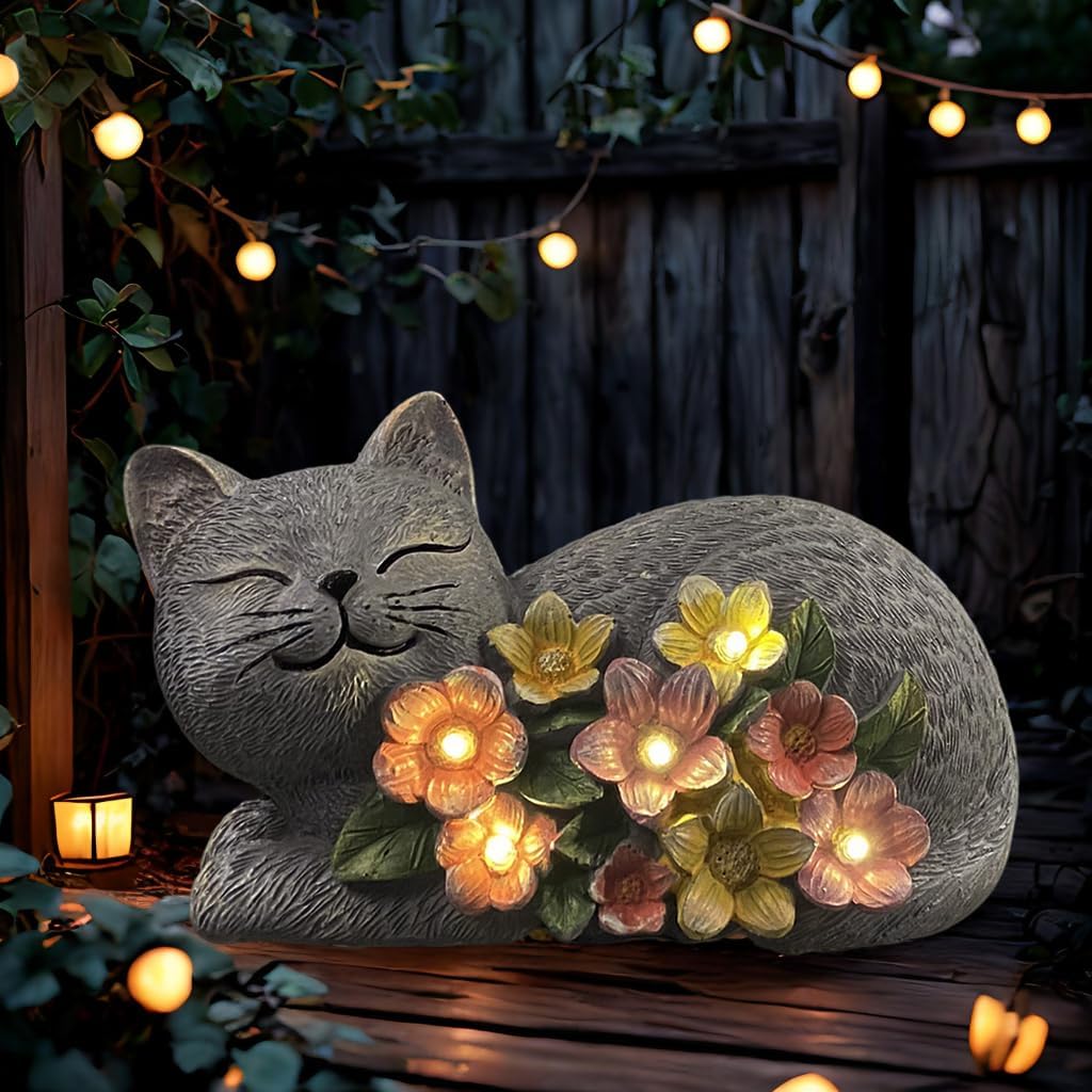 Solar Cat Outdoor Statue, Resin Solar Cat Lights with Flower for Outside, Garden Cats Figurine for Lawn Porch Yard Art - Birthday Gifts for Mom Grandma Women