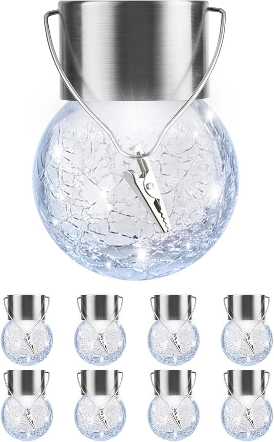 Solar Lights Outdoor Hanging Decorative Globe 8 Pack, Waterproof Solar Lantern with Handle and Clip, Solar Powered Glass Ball Lights for Garden Yard Fence Tree Umbrella Holiday Décor, Cold White