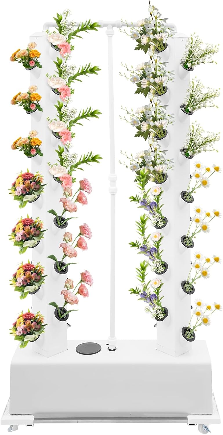 Hydroponic Growing System Indoor Outdoor, 56-Plant Vertical Garden Planter Germination Kit, Hydroponics Growing Tower, Smart Garden Vegetable Plant Kit with Pump & Wheels, White Base