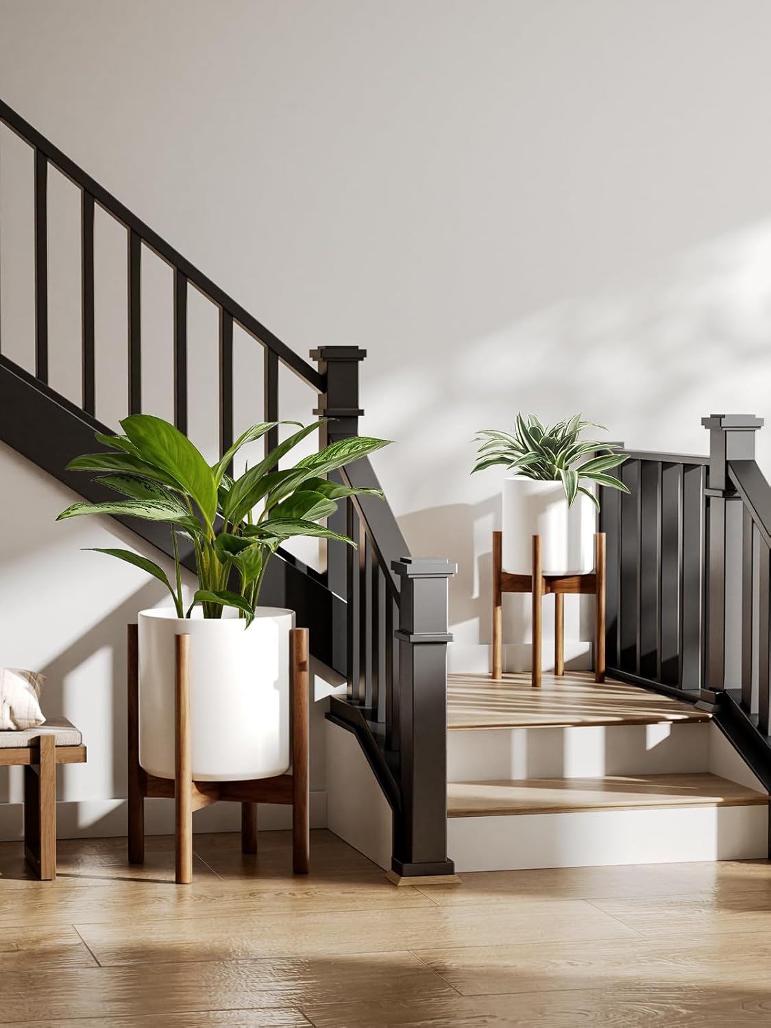 LE TAUCI Indoor Planter with Stand, 10 + 8 Inch, Set of 2, Ceramic Pot for Indoor Plants with Acacia Wood Holder, Mid-Century Modern Home Decor, Round Flower Pots with Drainage Hole, White