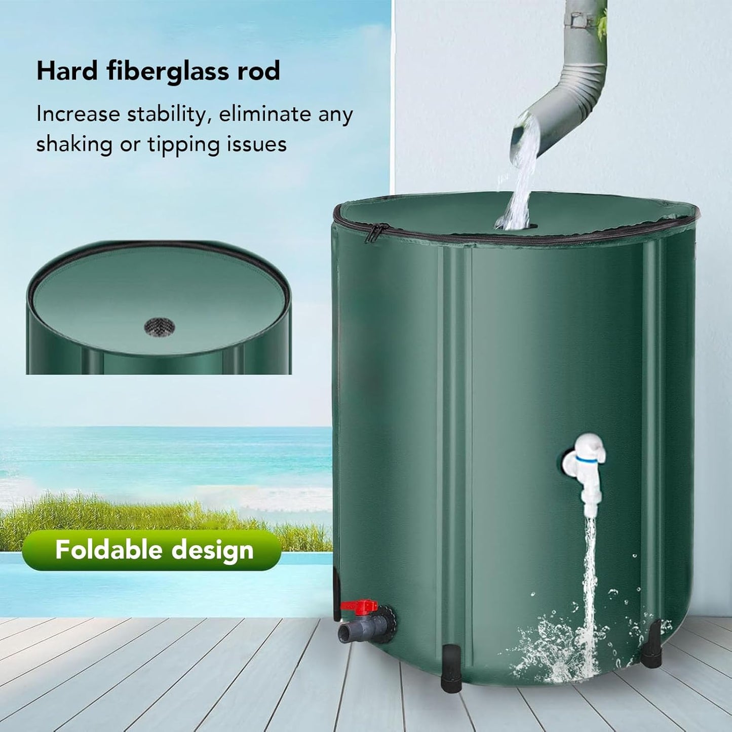 Rain Barrel, 53 Gallon Portable Foldable Rain Water Collection Tank Collapsble Rainwater Storage Container Water Collect System Downspout with 2 Spigots for Garden Landscape