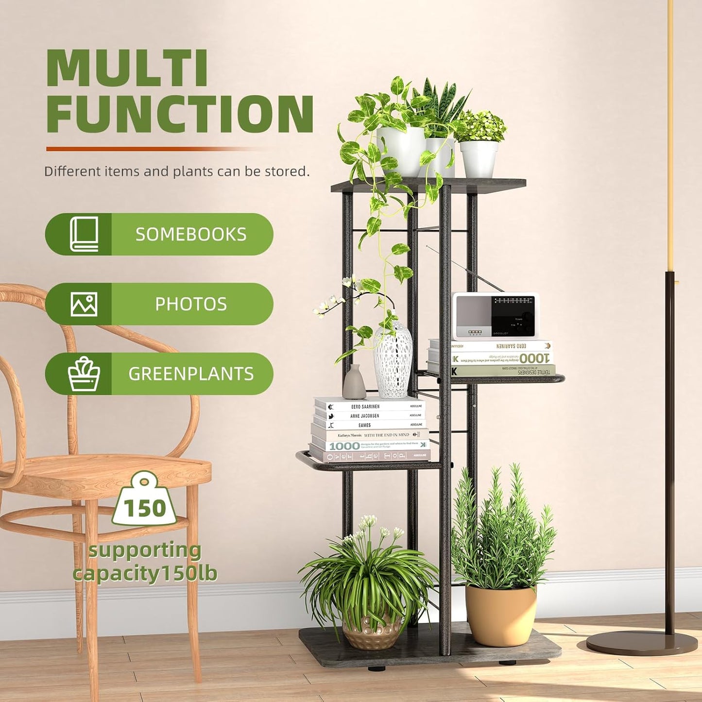 Simple Trending Plant Stand Shelf Indoor Outdoor Waterproof, 4-Tier 5 Potted Heavy Duty Metal Tall Flower Holder for Multiple Corner Display