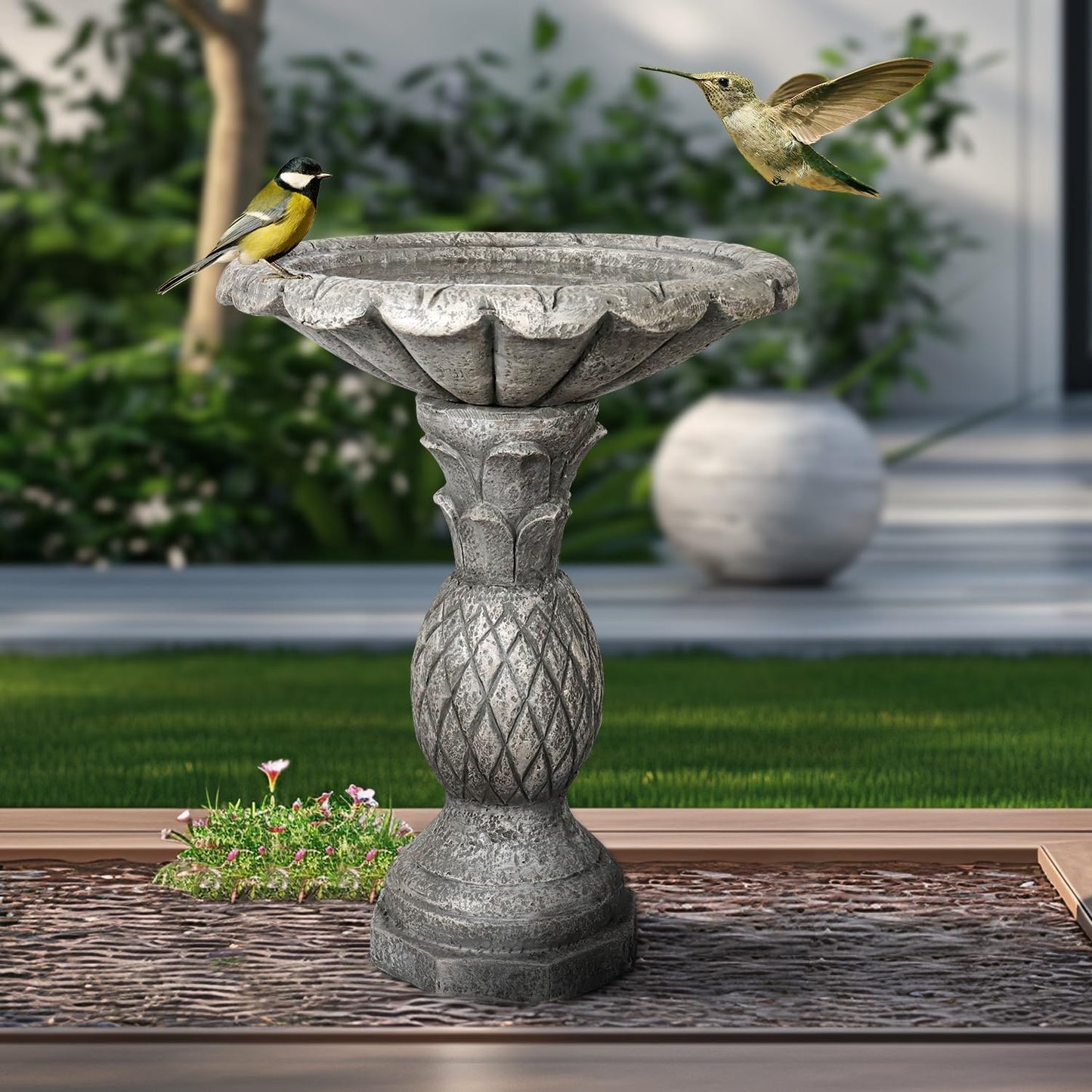 SKYFIRE 24.8" H Cement Modern Outdoor Bird Bath - Fibre Reinforced Concrete Bird Baths for Garden, Large Size Elegant Carved Garden Birdbaths with Pedestal for Patio, Backyard, Lawn Decor