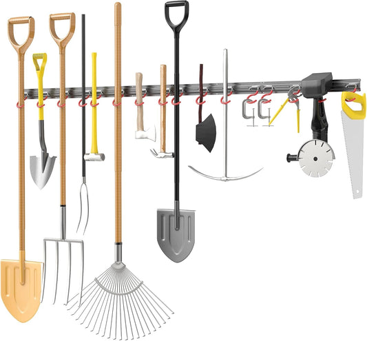 TORACK Metal Wall-Mounted Garden Tool Organizer for Garage, Mop and Broom Holder, Yard Tool Storage Rack for Rakes, Shovels, Mops, Brooms (4 Rails, 16 Hooks)