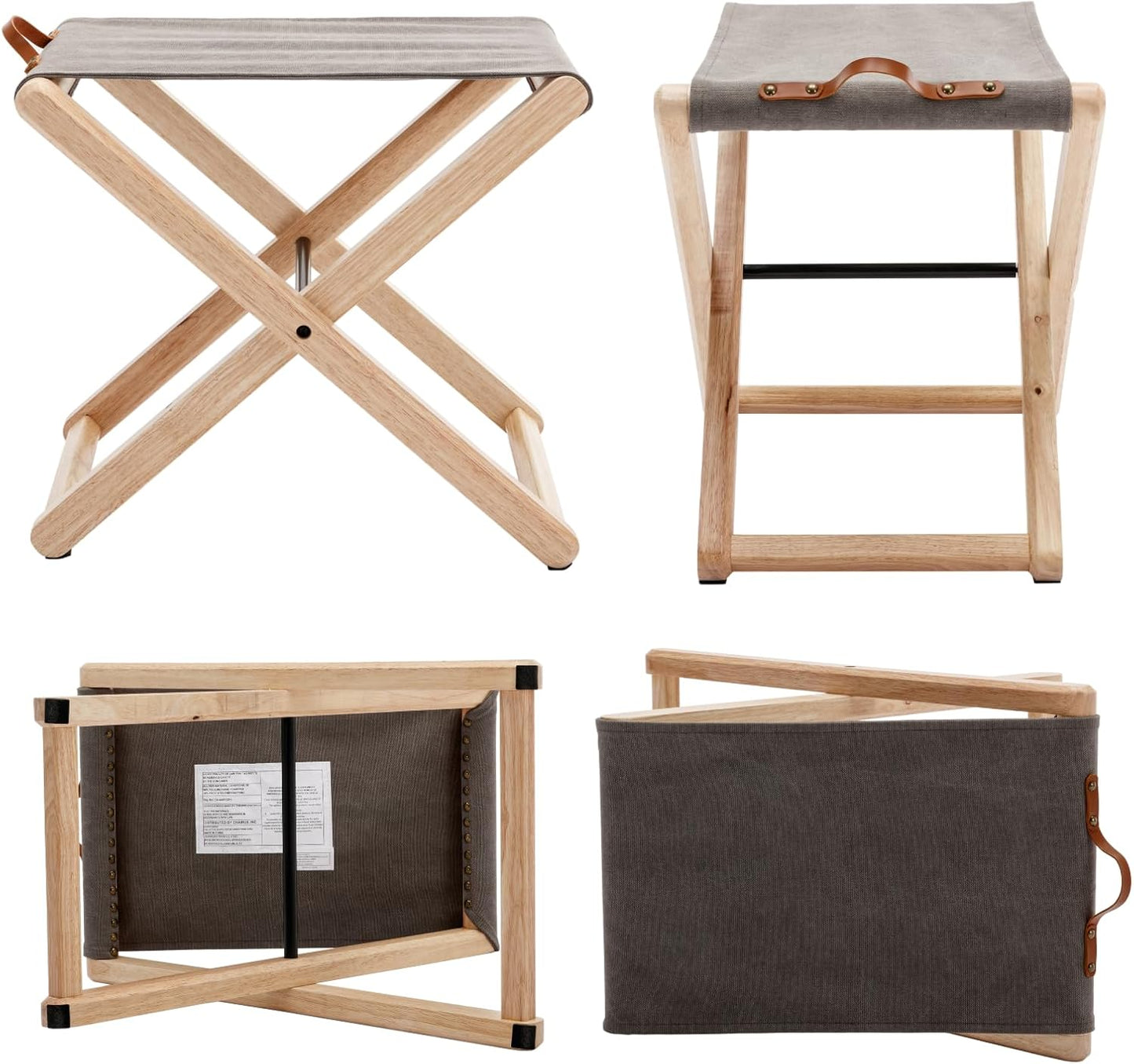 Folding Canvas Camp Stools Set of 6, Wood Folding Camping Stool Patio Portable Foot Stool for Garden Outdoor Fishing Picnic Travel BBQ, Grey