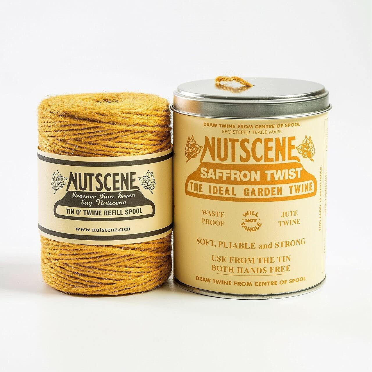 NUTSCENE Iconic Tin (Tin ‘O’ Twine) with Their Heritage Scottish Jute Twine and Hole in Top for Easy Dispensing. 14 Colors to Choose from. 164 Yards. (Saffron)